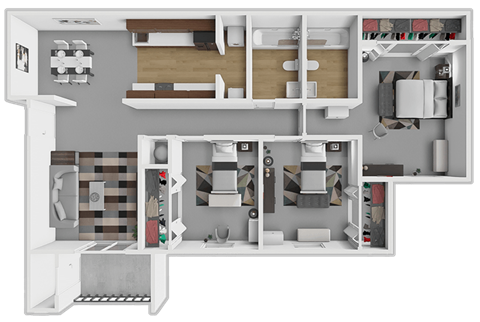 Floor plan for 3 beds, 2 baths, 1023 sqft